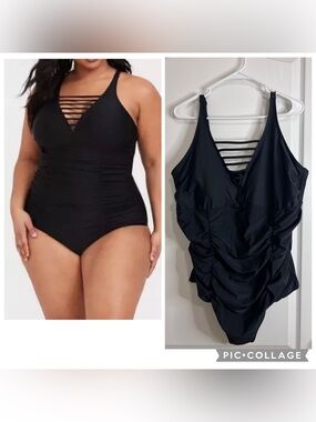 torrid Black Strappy V-Neck Ruched One-Piece Swimsuit size 3